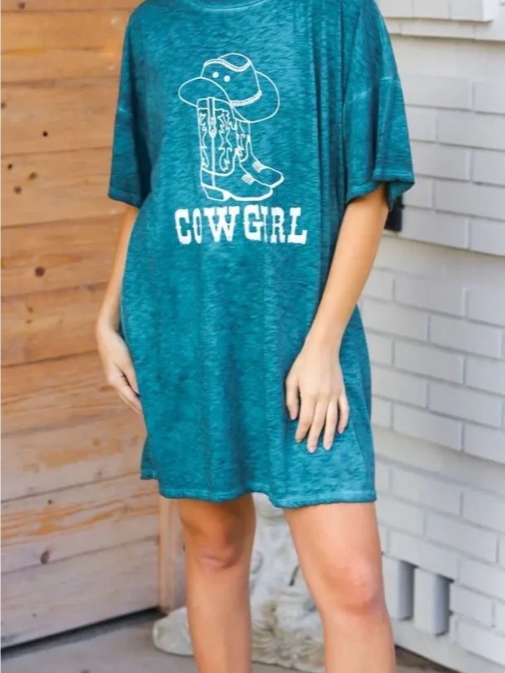 NWOT- Peach Love California Teal "Cowgirl" Graphic Tunic